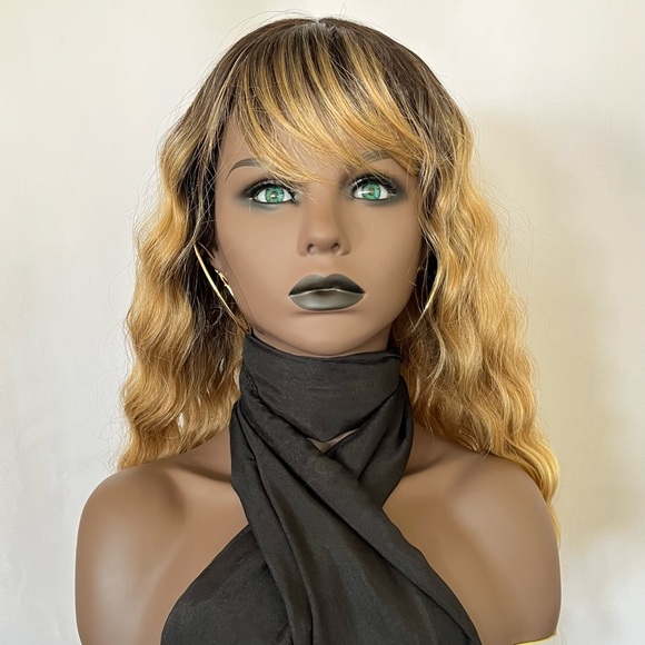 “Put On & Go” Ombre Golden Blonde Premium Fiber Wig with Bangs - Picture 6 of 11